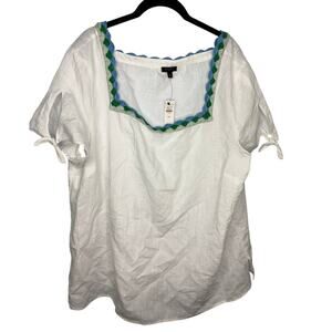 Talbots Plus Cotton Linen Blouse Square Neck Embroidered 2X Coastal White NWT